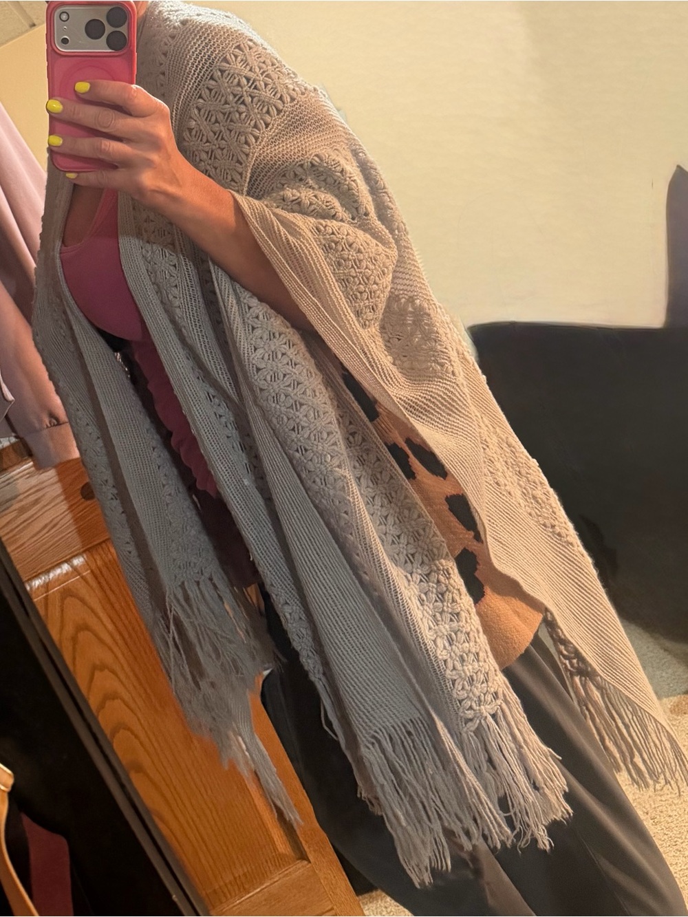 Maurices Taupe Fringe Knit Poncho with Leopard Accent